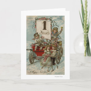 Cartes Pour Fêtes Annuelles Un nouveau YearKids heureux autour d'un chariot