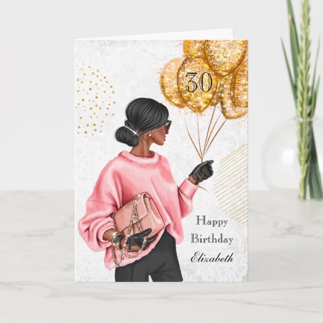 Cartes Pour Fêtes Annuelles Une Africaine Américaine avec Ballons Anniversaire (Devant)
