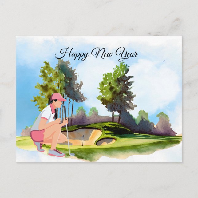 Cartes Pour Fêtes Annuelles Une femme de golf joue au golf Nouvel An (Devant)