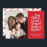 Cartes Pour Fêtes Annuelles Une frisson d'espoir | Rouge | Une photo moderne<br><div class="desc">Cette carte photo de Noël élégante présente un design de typographie moderne, en lisant "A Thrill of Hope. Le monde fatigué se réjouit" en blanc sur un arrière - plan rouge (la couleur peut être customisée à n'importe quelle couleur que vous voulez). D'autres petits éléments, comme un sapin de Noël,...</div>