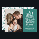 Cartes Pour Fêtes Annuelles Une frisson d'espoir | TURQUOISE | Une photo moder<br><div class="desc">Cette carte photo de Noël élégante présente un design de typographie moderne, en lisant "A Thrill of Hope. Le monde fatigué se réjouit" en blanc sur un arrière - plan turquoise (la couleur peut être customisée à n'importe quelle couleur que vous voulez). D'autres petits éléments, comme un sapin de Noël,...</div>