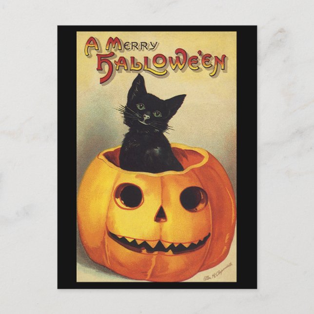 Cartes Pour Fêtes Annuelles Une joyeuse Halloween par Ellen Clapsaddle, Chat V (Devant)