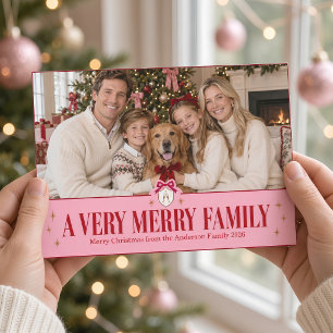 Cartes Pour Fêtes Annuelles Une photo de Noël avec un blason à ruban rose pour