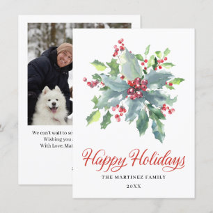 Cartes Pour Fêtes Annuelles UNE PHOTO Holly et Berry Watercolor Green 2022