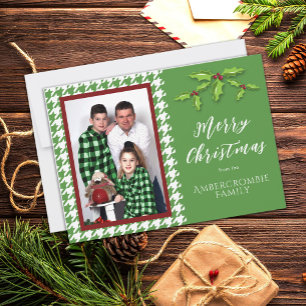 Cartes Pour Fêtes Annuelles Une Photo Vert et Blanc Houndstooth