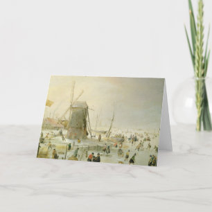 Cartes Pour Fêtes Annuelles Une scène d'hiver avec des patineurs par un moulin