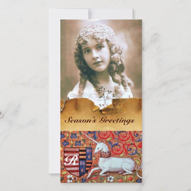 CARTES POUR FÊTES ANNUELLES UNICORN ANTIQUE BROWN PARCHEMENT FLORAL MONOGRAMME (Devant)