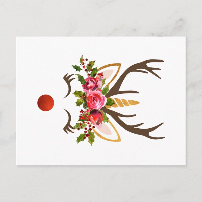 Cartes Pour Fêtes Annuelles Unicorn Reindeer Antler / Fleurs de Noël (Devant)