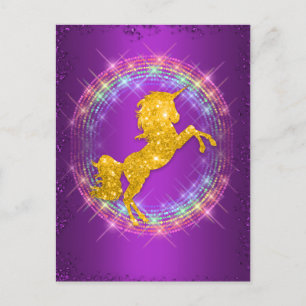 Cartes Pour Fêtes Annuelles Unicorne d'or arc-en-ciel s'étincelle sur violet