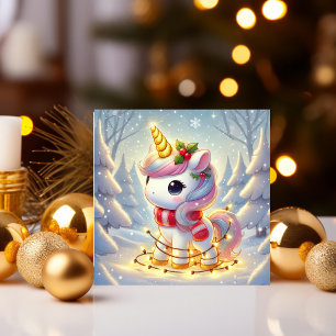 Cartes Pour Fêtes Annuelles Unicorne enveloppée dans des lumières de Noël doré