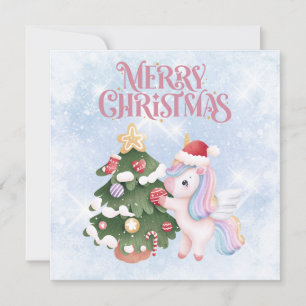 Cartes Pour Fêtes Annuelles Unicorne Et Arbre De Noël Sur Sparkle Blue Sky