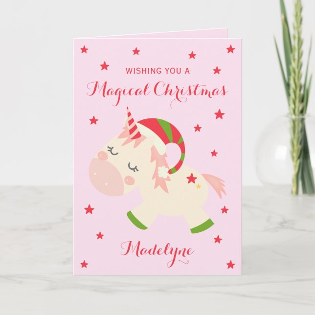 Cartes Pour Fêtes Annuelles Unicorne Noël mignon rose personnalisé (Devant)