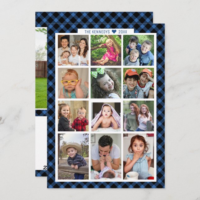Cartes Pour Fêtes Annuelles Unique 13 Photo Famille Année en Revue Carreaux Bl (Devant / Derrière)