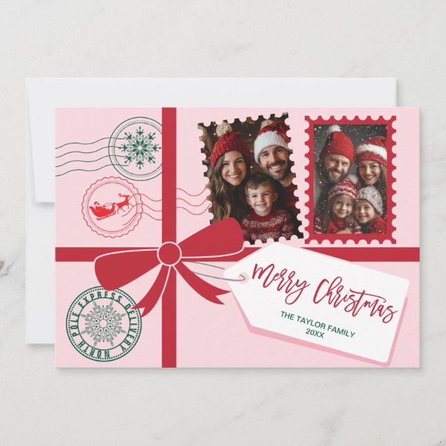 Cartes Pour Fêtes Annuelles Unique Bow cadeau rose rouge Photo Joyeux Noël (Devant)