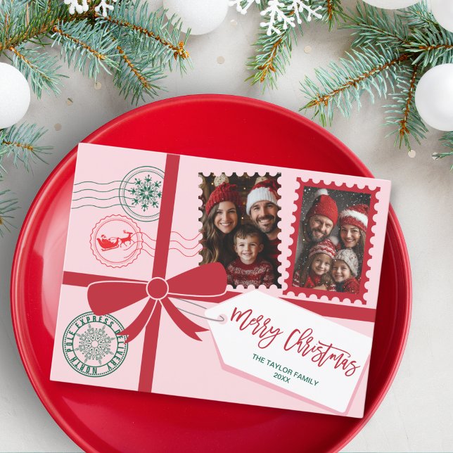 Cartes Pour Fêtes Annuelles Unique Bow cadeau rose rouge Photo Joyeux Noël (christmas card designed to look like a gift with a ribbon and bow)