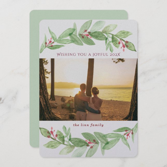 Cartes Pour Fêtes Annuelles Vacances Berries vertes Joyful Photo de famille (Devant / Derrière)