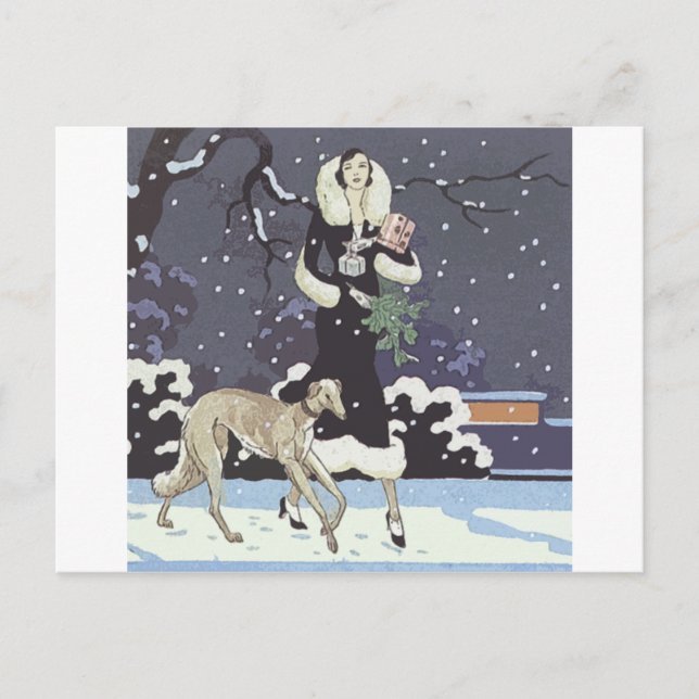 Cartes Pour Fêtes Annuelles Vacances Borzoi Dame De Neige (Devant)