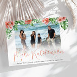 Cartes Pour Fêtes Annuelles Vacances de Mele Kalikimaka à Hawaï<br><div class="desc">Souhaitez à vos amis et à votre famille un joyeux Noël avec ces cartes de noël de mele kalikimaka. Avec un fond blanc, script qui dit 'MELE KALIKIMAKA', votre photo de famille préférée entourée de fleurs tropicales, de feuilles de palmiers et personnalisée avec un message de bienvenue votre nom de...</div>