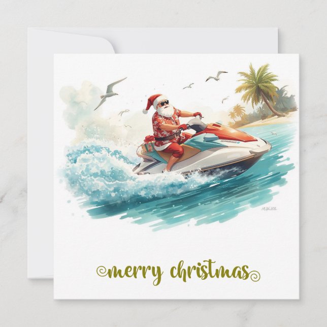 Cartes Pour Fêtes Annuelles Vacances de Noël en Jet Ski avec le Père Noël (Devant)
