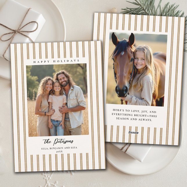 Cartes Pour Fêtes Annuelles Vacances de Noël Rayures Taupe Terre 2-Photos (family christmas photo card tan brown stripes modern minimalist contemporary earthy organic)