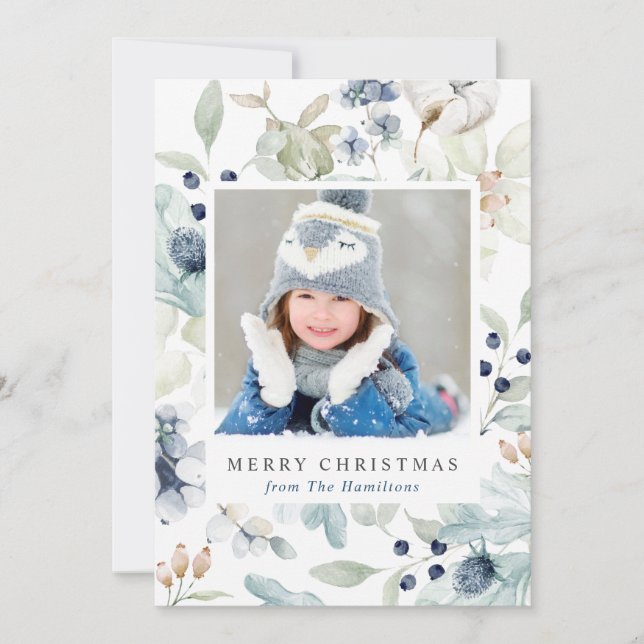 Cartes Pour Fêtes Annuelles Vacances d'hiver Floral avec photo de famille (Devant)