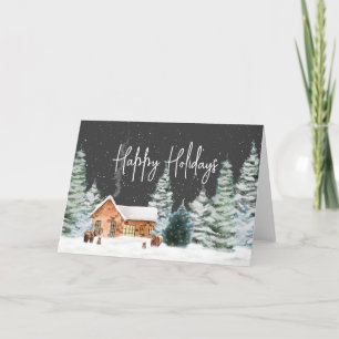 Cartes Pour Fêtes Annuelles vacances heureuses cabane forêt ours neige hiver