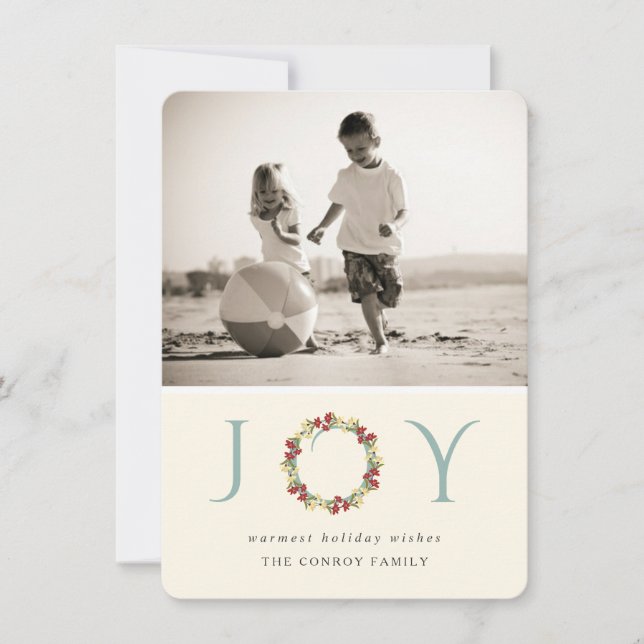 Cartes Pour Fêtes Annuelles Vacances Joy Floral Wreath Modern Photo Grey (Devant)