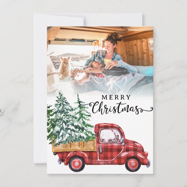 Cartes Pour Fêtes Annuelles Vacances photo avec camion rouge et arbre de Noël (Devant)