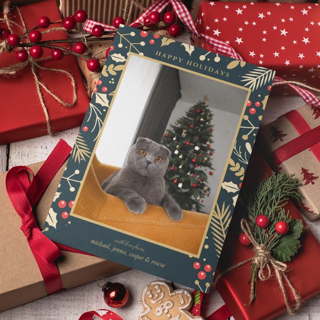 Cartes Pour Fêtes Annuelles VACANCES PHOTO | Golden Christmas Holly & Berries (Créateur téléchargé)