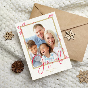 Cartes Pour Fêtes Annuelles VACANCES PHOTO stylisée or botanique rouge joyeux