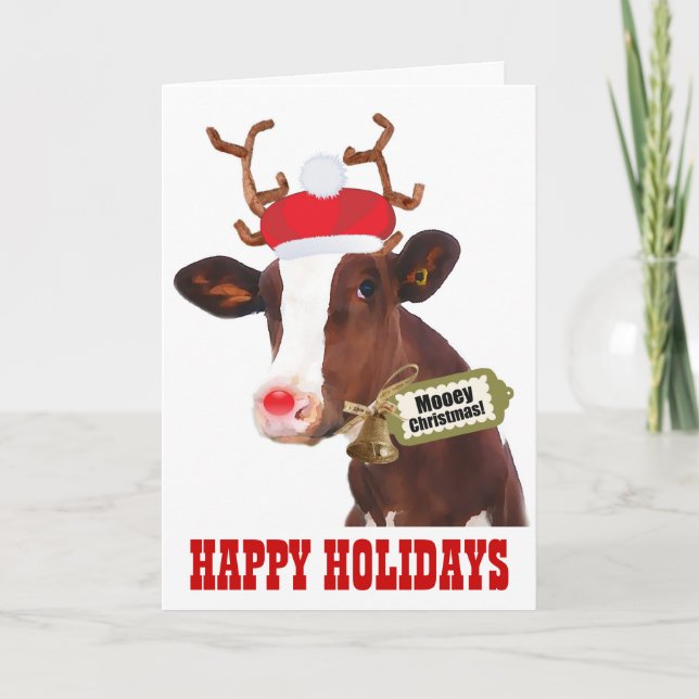 Cartes Pour Fêtes Annuelles Vache avec Antlers de rennes et Santa Hat (Devant)