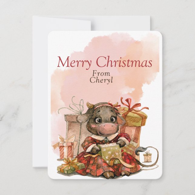 Cartes Pour Fêtes Annuelles Vache d'aquarelle mignonne (Devant)