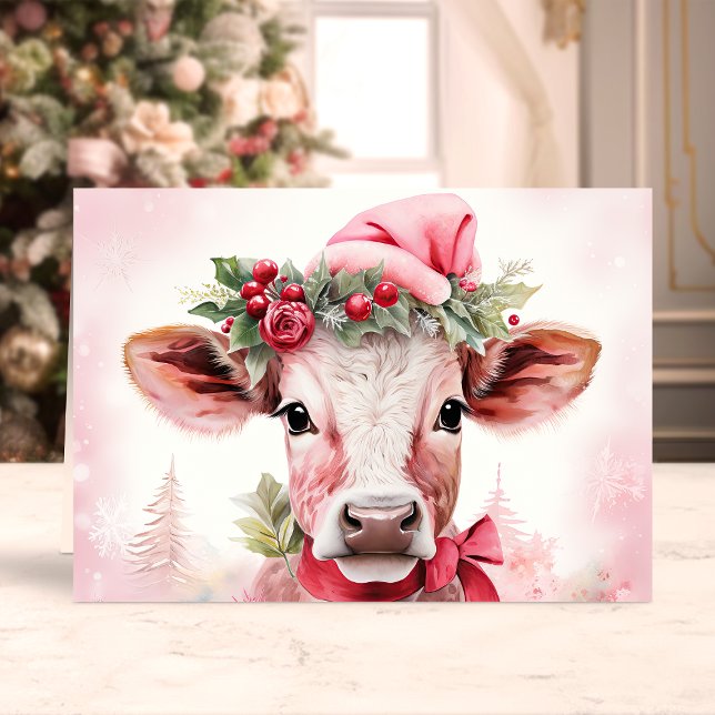 Cartes Pour Fêtes Annuelles Vache de Noël adorable en chapeau de Père Noël (Créateur téléchargé)
