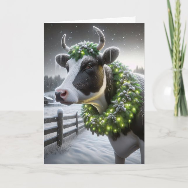 Cartes Pour Fêtes Annuelles Vache de Noël Holstein avec une couronne brillante (Devant)
