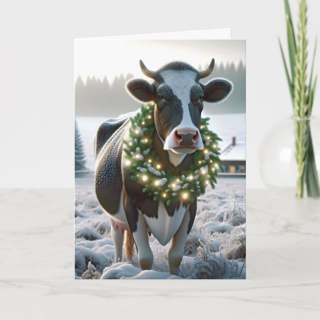 Cartes Pour Fêtes Annuelles Vache de Noël Holstein avec une couronne brillante (Devant)