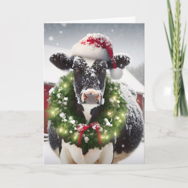Cartes Pour Fêtes Annuelles Vache de Noël portant une couronne de vacances (Devant)