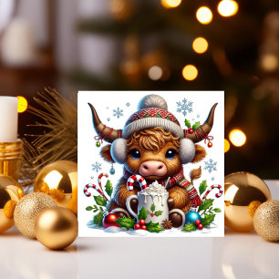 Cartes Pour Fêtes Annuelles Vache des Highlands avec chocolat chaud