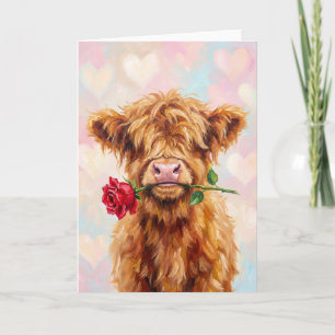 Cartes Pour Fêtes Annuelles Vache des Highlands avec rose - Joli animal pour l