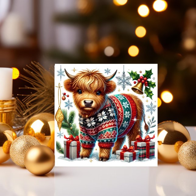 Cartes Pour Fêtes Annuelles Vache des Highlands Cozy dans un pull de Noël (Créateur téléchargé)