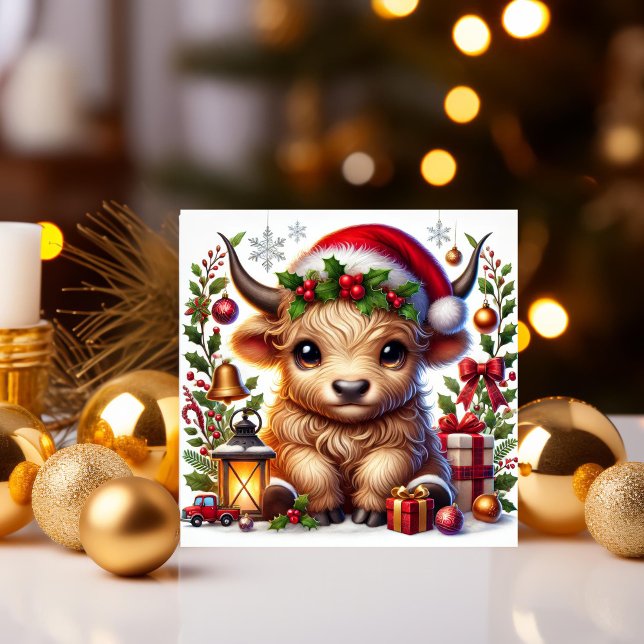 Cartes Pour Fêtes Annuelles Vache des Highlands festive avec chapeau de Père N (Créateur téléchargé)