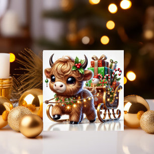 Cartes Pour Fêtes Annuelles Vache des Highlands tirant le traîneau du Père Noë
