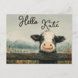 Cartes Pour Fêtes Annuelles Vache duveteuse regardant par-dessus une clôture s