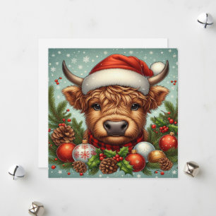 Cartes Pour Fêtes Annuelles Vache festive des Highlands portant un chapeau de 