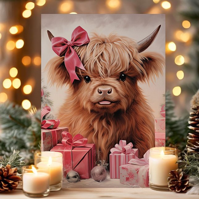 Cartes Pour Fêtes Annuelles Vache Highland avec cabot rose Noël (Créateur téléchargé)