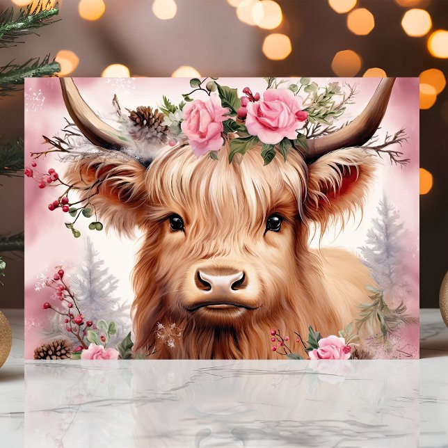 Cartes Pour Fêtes Annuelles Vache Highland avec roses roses roses Festif Noël (Créateur téléchargé)
