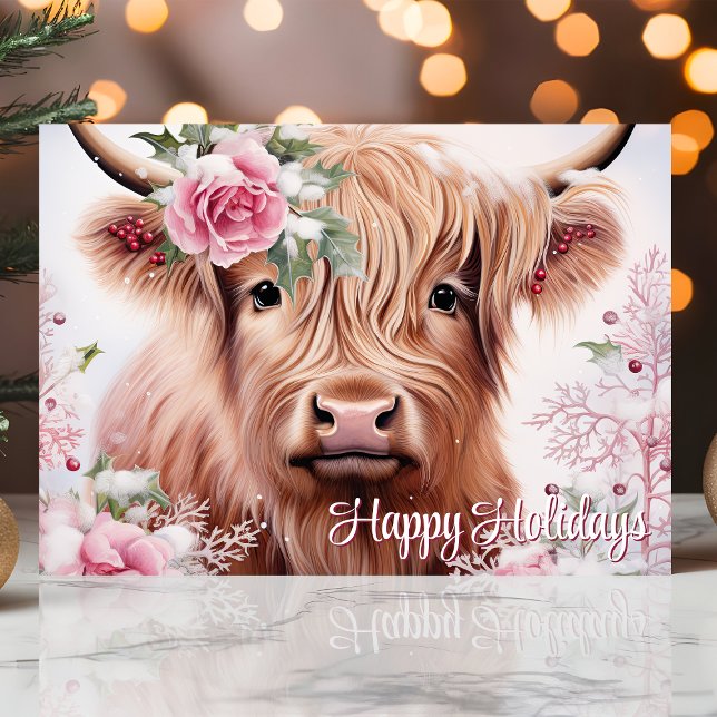 Cartes Pour Fêtes Annuelles Vache Highland de Noël avec des Roses Joyeux vacan (Créateur téléchargé)