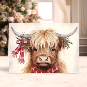 Cartes Pour Fêtes Annuelles Vache Highland festive avec écharpe à carreaux