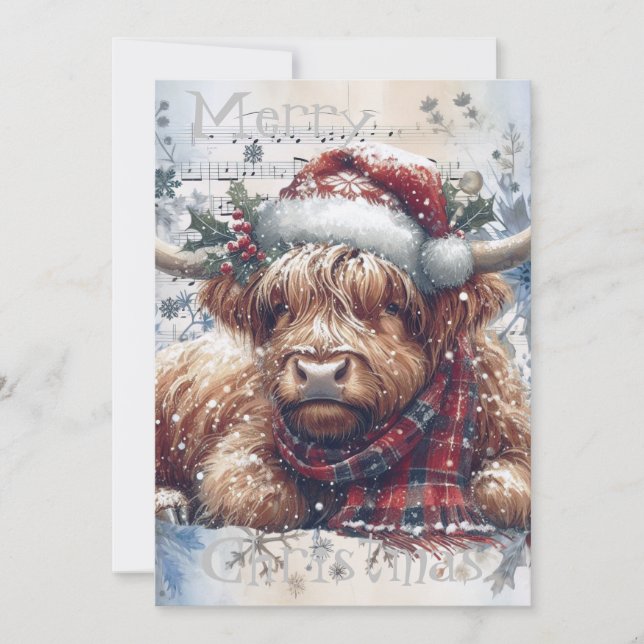 Cartes Pour Fêtes Annuelles Vache Highland hiver Aquarelle de Noël (Devant)