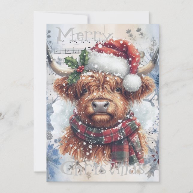 Cartes Pour Fêtes Annuelles Vache Highland hiver Aquarelle de Noël (Devant)