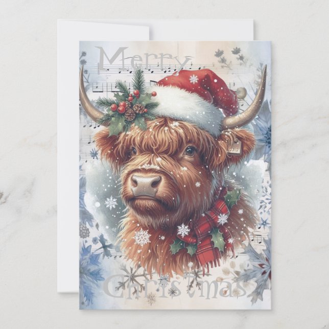 Cartes Pour Fêtes Annuelles Vache Highland hiver Aquarelle de Noël (Devant)